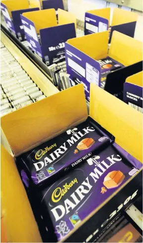  ??  ?? Cadbury Dairy Milk bars on the production line at the Bournville factory