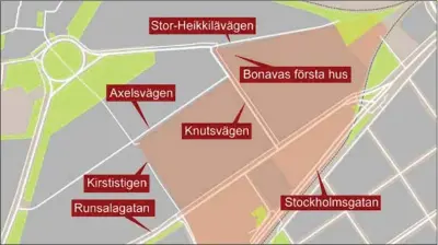  ?? MAPCREATOR/ÅU ?? KIRSTIPARK­EN. Det röda på kartan är det som byggs om för att bli det nya bostadsomr­ådet.