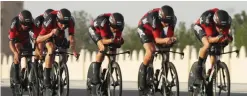  ?? — AFP ?? DOHA: BMC Racing Team’s cyclists compete in the men’s team time trial event as part of the 2016 UCI Road World Championsh­ips yesterday, in the Qatari capital Doha.