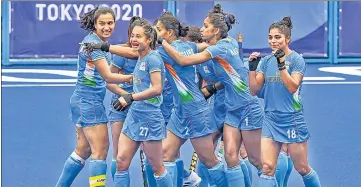  ?? PTI ?? The Indian women’s hockey team celebrate their victory against Australia at the 2020 Tokyo Games on Monday.
