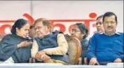  ?? PTI ?? West Bengal CM Mamata Banerjee, LJD chief Sharad Yadav and Delhi chief minister Arvind Kejriwal during a protest at Jantar Mantar in New Delhi on Wednesday.