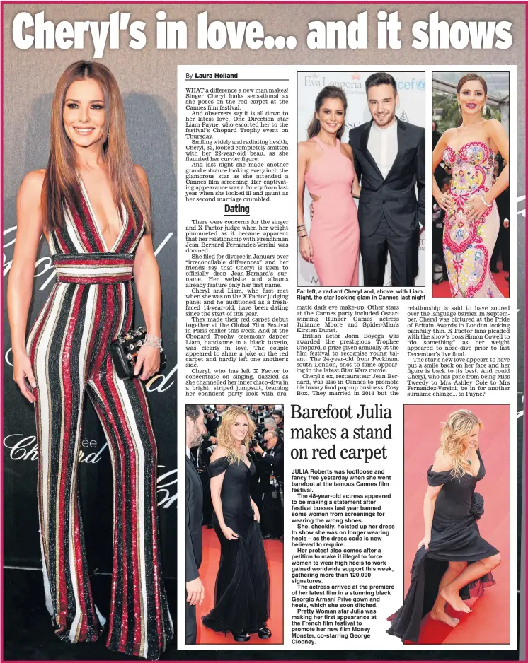  ?? Pictures: GISELA SCHOBER, ANDREAS RENTZ/GETTY, DAVID FISHER/REX, DOUG PETERS/EMPICS & YVES HERMAN/REUTERS ?? Far left, a radiant Cheryl and, above, with Liam. Right, the star looking glam in Cannes last night