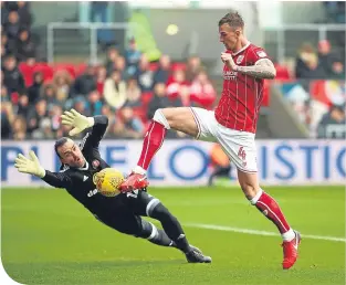  ??  ?? Defender Aden Flint fires Bristol City into an early lead at Ashton Gate