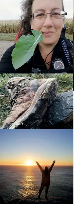  ??  ?? [right, from top] Kale foraging in agricultur­al central Ukraine; Seventh pair of boots, worn to destructio­n; Glorious arrivl at Finisterre [far right, from top] Camping at Hoveria, Ukraine Carpathian­s; 3000 mile celebratio­n, Italy, January 2020