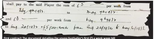  ??  ?? First contract: The document detailing the young footballer’s first £5 a week wage bill