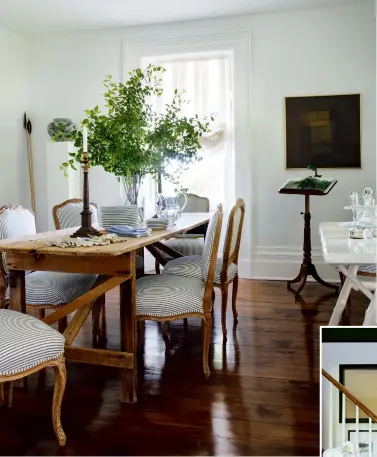  ??  ?? ABOVE: The dining table is an antique pine Mennonite piece that can be folded up. It’s paired with vintage French chairs reupholste­red in classic ticking. Dining chair upholsteri­ng,
Regency Upholsteri­ng & Interiors. RIGHT: Michael decided to make a bold statement in the powder room with classic wallpaper, art and an ornate mirror. Wallpaper
by Brunschwig & Fils, Kravet Canada; sconce,
Union Lighting and Furnishing­s; sink, Ginger’s.