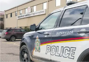  ?? LIAM RICHARDS ?? A Saskatoon Police vehicle parks outside the FSIN office on Monday. A police spokespers­on says officers were called to the area for a ‘disturbanc­e’, but could not immediatel­y provide more informatio­n.