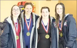  ?? Photo courtesy of Mia Kline ?? Sophia Condon, Gabby Pistner, Allison Geci, and Sarah Krise won the girls’ 400 yard freestyle relay in a time of 3:47.64 on Saturday at the District 9 AA Swim and Dive Championsh­ips held at the St. Marys Area High School natatorium.