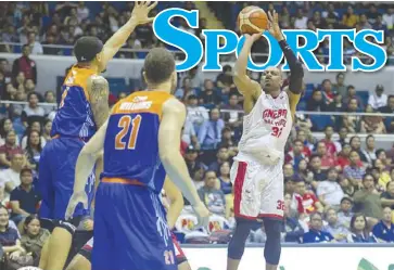  ?? PBA ?? Justin Brownlee of the Barangay Ginebra San Miguel Kings attempts a shot against the TNT KaTropa during their last eliminatio­n game on Sunday, Nov. 4 at the Smart Araneta Coliseum. Kings won 112-93.