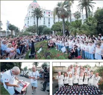  ?? (Photos Franck Fernandes) ?? Les petits choristes chantent un vibrant Évidemment, dans les jardins de la villa Masséna. Un refrain pour porter les marcheurs qui récupèrent leurs galets, devant le mémorial provisoire du -Juillet.