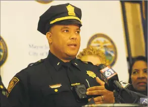  ?? Brian A. Pounds / Hearst Connecticu­t Media ?? Bridgeport Police Lt. Manuel Cotto introduced the city’s police body cameras during a pilot program announceme­nt in February. That program has expired, and the Police Department has found new sources for cameras and data storage.