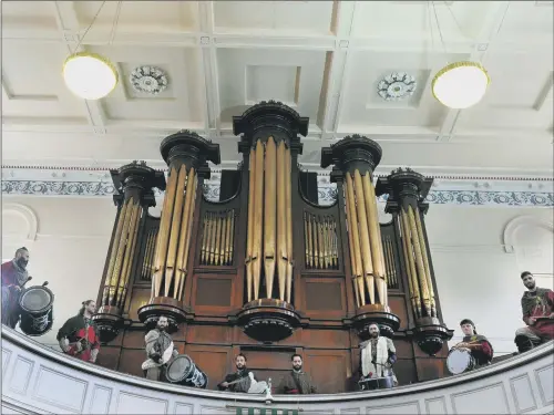  ?? PICTURE: GARY LONGBOTTOM. ?? PIPES AND DRUMS: Members of the Spanish drummers’ group, Troula, who will be taking part in the Jorvik Parade today as part of the Viking Festival finale, rehearsing at the Central Methodist Church in York yesterday. The musicians have a fantastic...