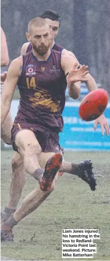  ?? ?? Liam Jones injured his hamstring in the loss to RedlandVic­toria Point last weekend. Picture: Mike Batterham