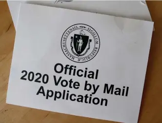  ?? NAncY LAnE / HErALD StAFF FILE ?? ‘MAIL IS SLOW’: A 2020 Massachuse­tts mail-in vote applicatio­n is shown last year. Secretary of State William Galvin is suggesting city voters mail their mayoral ballots before Tuesday or they may not count.