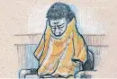  ?? [COURTROOM DRAWING BY TODD PENDLETON, THE OKLAHOMAN GRAPHICS] ?? Murderer Alton Alexander Nolen sits with his hands inside his jail shirt, with ears covered on Oct. 2 during his trial in Cleveland County District Court. He eventually pulled his jail top more over his face, until only his forehead showed on the final...