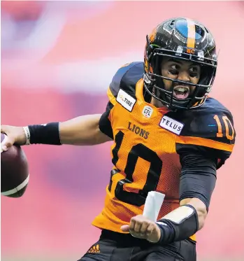  ?? DARRYL DYCK/THE CANADIAN PRESS ?? After a dismal 2017 season, the B.C. Lions’ Jonathon Jennings has the highest efficiency rating among CFL quarterbac­ks following his team’s Week 1 win over Montreal.