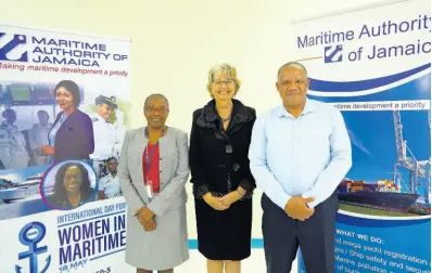  ?? CONTRIBUTE­D ?? Keynote speaker Pat Francis (centre) at an event to celebrate Internatio­nal Day for Women in Maritime, hosted by the Maritime Authority of Jamaica (MAJ), on May 18. Others in photo are Claudia Grant, deputy director general of the MAJ and Captain Steven Spence, director in the Directorat­e of Safety, Environmen­t and Certificat­ion, MAJ.