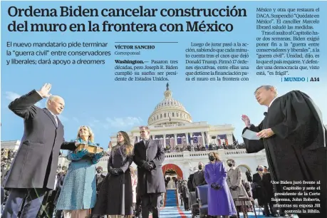  ??  ?? Joe Biden juró frente al Capitolio y ante el presidente de la Corte Suprema, John Roberts, mientras su esposa Jill sostenía la Biblia.