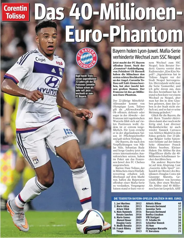  ??  ?? Kopf hoch! Trotz seiner jugendlich­en 22 Jahre gilt der Franzose Corentin Tolisso schon als sehr reif. Jetzt wechselt er zum FC Bayern.