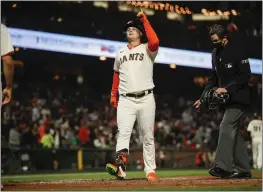  ?? NHAT V. MEYER — BAY AREA NEWS GROUP ?? San Francisco Giants' Joc Pederson (23) celebrates his two-run home run against the San Diego Padres in the fourth inning at Oracle Park in San Francisco on Aug. 29, 2022.