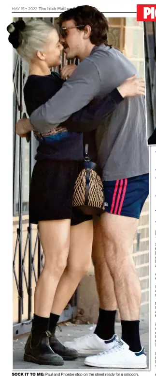  ?? ?? SOCK IT TO ME: Paul and Phoebe stop on the street ready for a smooch, before locking lips, top, then heading off to attend their yoga class, top right