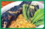  ??  ?? A quintessen­tial Pampango thing with balo-balo (a.k.a. burong hipon) or fermented rice with shrimp as the sauce of choice for any grilled or fried freshwater fish (i.e. catfish, bangus, mudfish and
tilapia) and the requisite fresh mustasa leaf, boiled...
