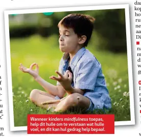  ??  ?? Wanneer kinders mindfulnes­s toepas, help dit hulle om te verstaan wat hulle voel, en dit kan hul gedrag help bepaal.