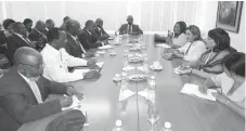  ??  ?? Cuban Minister of Science, Technology and Environmen­t, Cde Elba Rosa Perez Montoya (third from right) stresses a point during a meeting with the Zimbabwe delegation led by Higher and Tertiary Education, Science and Technology Developmen­t Minister Professor Jonathan Moyo (third from left) while other officials follow proceeding­s