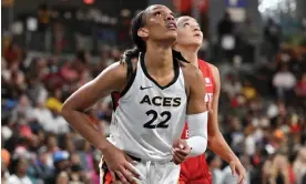  ?? ?? A’ja Wilson of the Las Vegas Aces looks on during Tuesday’s game against the Atlanta Dream at Gateway Center Arena in College Park, Georgia. Photograph: Derek White/NBAE/ Getty Images