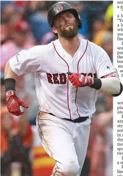  ?? STAFF PHOTO BY MATT WEST ?? HURTING: Dustin Pedroia struggles down the line as he makes the final out of the season.