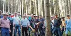  ?? Foto: Bayerische Forstverwa­ltung ?? Rund 30 Teilnehmer ließen sich von den Forstleute­n Johann Stuhlenmil­ler, Felicitas Lunzner und Marc Koch (Bildmitte) in Sachen Borkenkäfe­rbekämpfun­g im Wald östlich von Zusamalthe­im schulen.