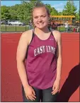  ?? VICKIE FULKERSON/THE DAY ?? East Lyme’s Jamie Foster, who won the ECC javelin title on Wednesday, will follow in the footsteps of her brothers and sister when she attends UConn in the fall.