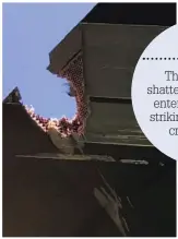  ??  ?? BIRD STRIKE: The air ambulance was left with a shattered windshield, left, and damaged rotor blade after a crow hit the helicopter’s windshield