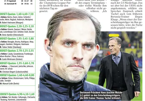  ??  ?? Dortmund-Präsident Hans-Joachim Watzke (r.) gehört zu den Entscheidu­ngsträgern, die BVB-Trainer Thomas Tuchel kritisiert.