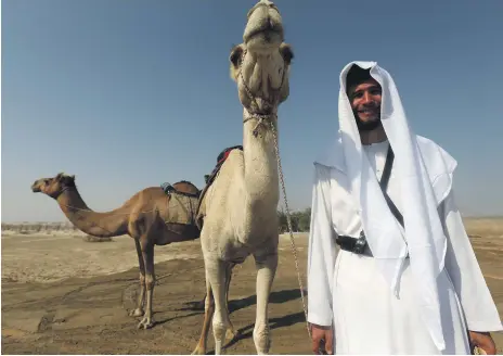  ?? Satish Kumar for The National ?? Mike Metzger and his trusty camels will travel from Abu Dhabi to Al Ain, where he will hold a brief ceremony with stories and poetry on his arrival on October 15