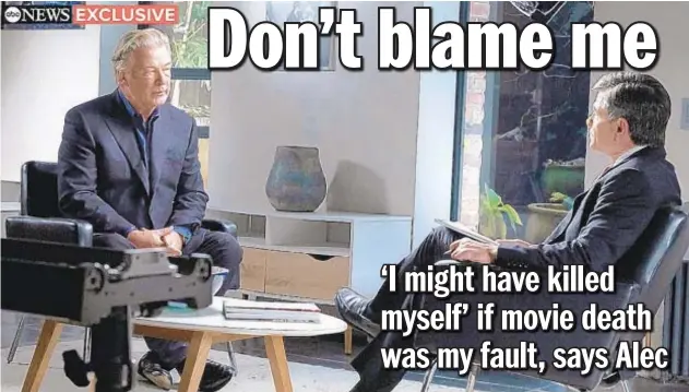  ?? ABC ?? Alec Baldwin (left) told ABC’s George Stephanopo­ulos (right) he does not feel guilty about shooting death of Halyna Hutchins on the set of his movie “Rust.”