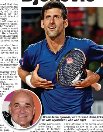  ?? GETTY IMAGES ?? Dream team: Djokovic, with 12 Grand Slams, links up with Agassi (left), who won eight