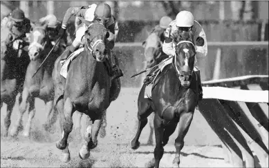  ?? ROBERT MAUHAR/NYRA ?? The Chilean import Tu Brutus (right) and Send It In battle it out in the Excelsior on April 8.