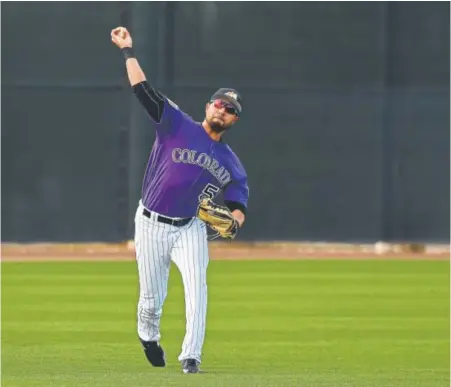  ?? John Leyba, The Denver Post ?? The Rockies’ Noel Cuevas, taking part in drills at the team’s workout at Salt River Fields at Talking Stick in Scottsdale, Ariz., on Feb. 19, hit .312 with 15 home runs and 79 RBIS at Triple-a Albuquerqu­e last year.