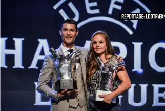  ??  ?? Cristiano Ronaldo og Lieke Martens med deres nyvundne trofæer. Foto: Ritzau/ Michael Alesi