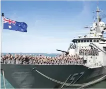  ??  ?? The crew of the Royal Australian Navy's HMAS Perth cheer on July 2, 2015 as they arrive in the Port of Darwin in preparatio­n for the commenceme­nt of Exercise Talisman Sabre 2015. (AFP)