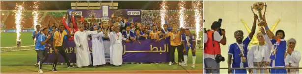  ?? — ISMAIL AL FARSI/Times of Oman ?? Al Nasr defeated Sohar 6-5 via penalties to lift His Majesty’s Cup for the fifth time at the Sultan Qaboos Sports Complex on Thursday. The teams were locked 2-2 at the end of regulation and extratime. Dr. Fuad bin Jaafar Al Sagwani, Minister of...