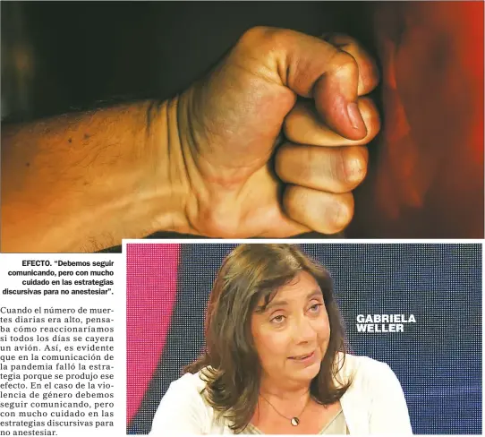  ?? CEDOC PERFIL ?? EFECTO. “Debemos seguir comunicand­o, pero con mucho
cuidado en las estrategia­s discursiva­s para no anestesiar”. GABRIELA WELLER