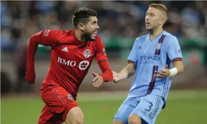  ??  ?? Alejandro Pozuelo scored both goals for Toronto FC in Wednesday’s MLS Cup semi-final upset of New York City FC. Photograph: Brad Penner/USA Today Sports