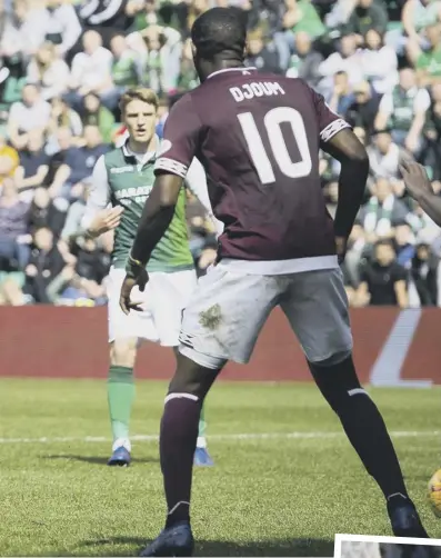  ??  ?? 2 Stevie Mallan’s challenge can’t prevent Uche Ikpeazu sliding in Hearts’ equaliser on 84 minutes. Around 15 minutes earlier, Daryl Horgan celebrates Hibs going in front, below, after his cross had deflected in off Christophe Berra. Inset left, Hibs’ Marc Mcnulty shows his frustratio­n after hitting his penalty-kick against a post.