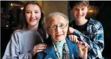  ??  ?? Retired Supreme Court judge Catherine McGuinness with her grandchild­ren Maeve Feddis (18) and Cian Parry (16) at the launch of ‘Grandparen­ts for Repeal’. Photo: Steve Humphreys