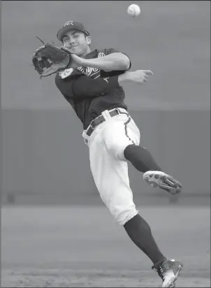  ?? The Associated Press ?? FLING TO FIRST: Atlanta Braves shortstop Chase D’Arnaud throws to first base after fielding a grounder during the first full-squad spring training workout in Lake Buena Vista, Fla., Saturday.