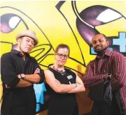  ?? [PHOTO PROVIDED] ?? From left, Tulsa graffiti artist SADAT, co-curator Jennifer Scanlan and co-curator Angel Little pose for a photo at the Oct. 5 opening reception for the exhibit “Not for Sale: Graffiti Culture in Oklahoma” at Oklahoma Contempora­ry Arts Center.