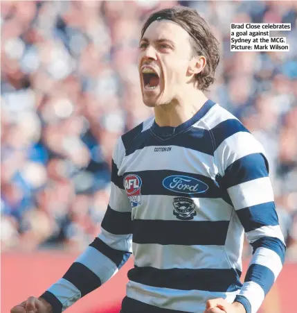  ?? Picture: Mark Wilson ?? Brad Close celebrates a goal against Sydney at the MCG.