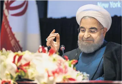 ??  ?? Hassan Rohani bei der Pressekonf­erenz in New York. Irans Präsident vermied harte Worte weitgehend.